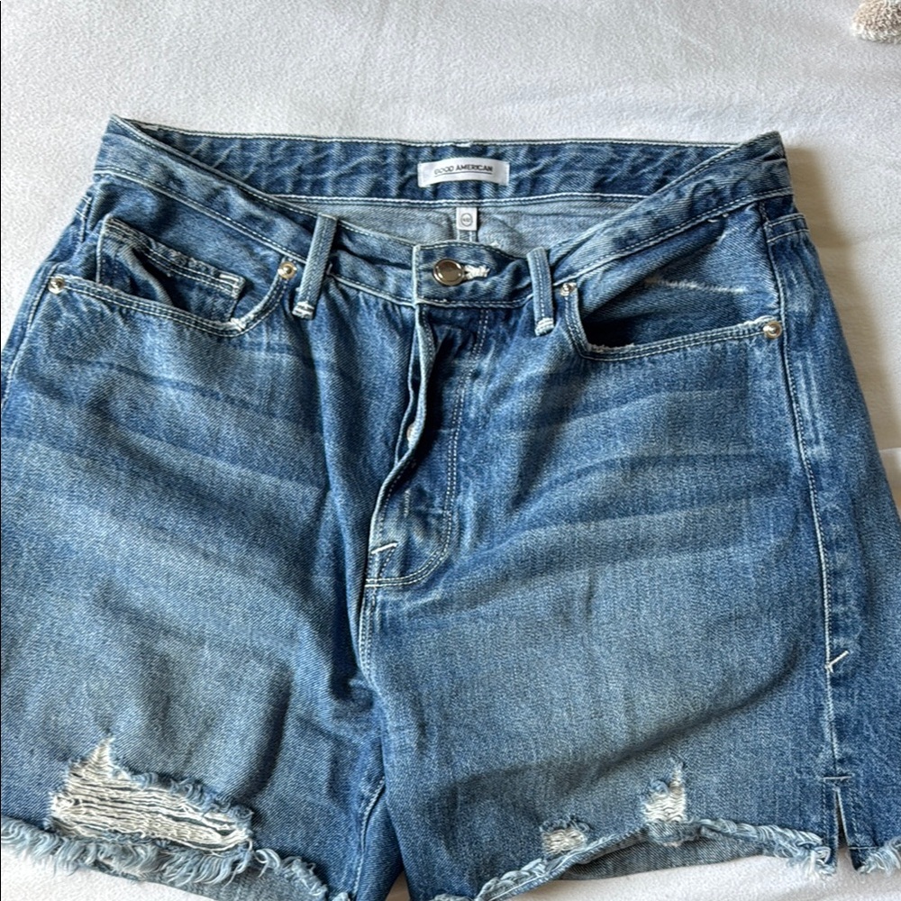 Good American Blue Jean Shorts Distressed High-Waisted